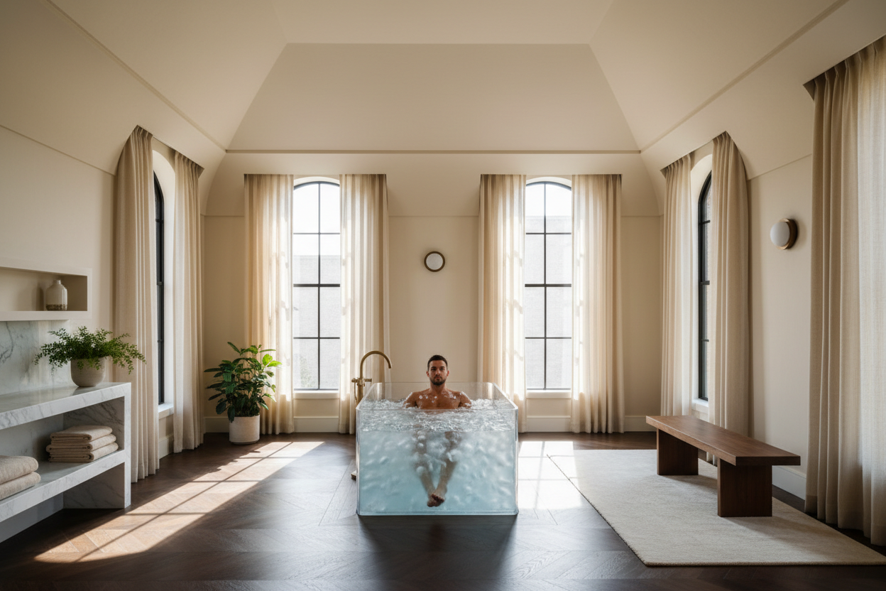 Generate a banner image suitable for a premium online store, but with natural lighting. Feature a photorealistic "Luxury" vibe of a modern architetural high end light and welcomign relaxing wellness room with a dark wood parwut flooring highe celiing and arched windows with balkcdetails and linens curtains and cream walls and an ice pluneg with ice inside with a man in it as the clear focus. The surrounding scene, mood, and setting should be designed entirely around the product 