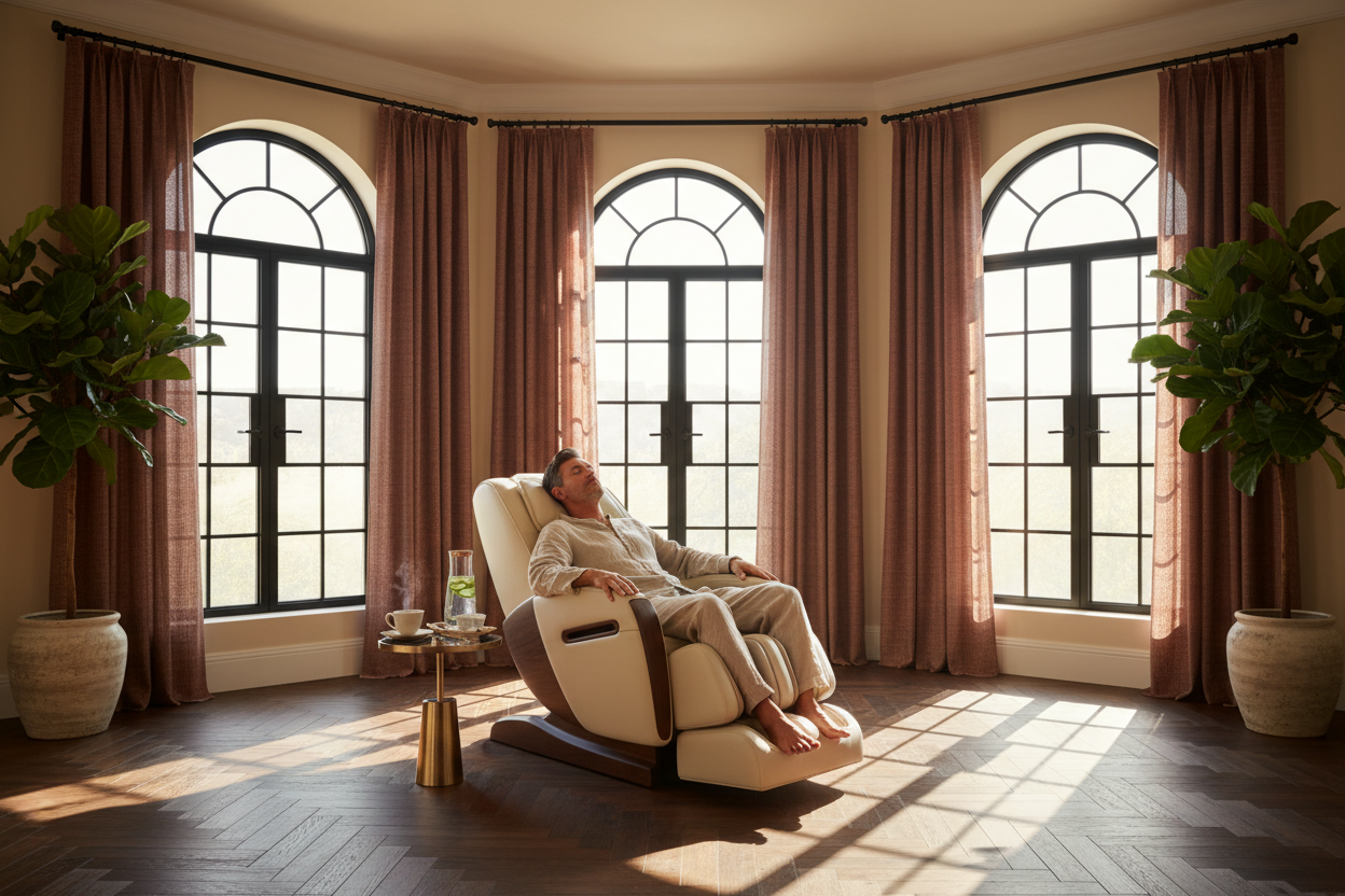 Generate a banner image suitable for a premium online store, but with natural lighting. Feature a photorealistic "Luxury" vibe of a modern architetural high end light and welcomign relaxing wellness room with a dark wood parwut flooring highe celiing and arched windows with balkcdetails and bordeaux linens curtains and cream walls and a massage chair with a man in it as the clear focus. The surrounding scene, mood, and setting should be designed entirely around the product 