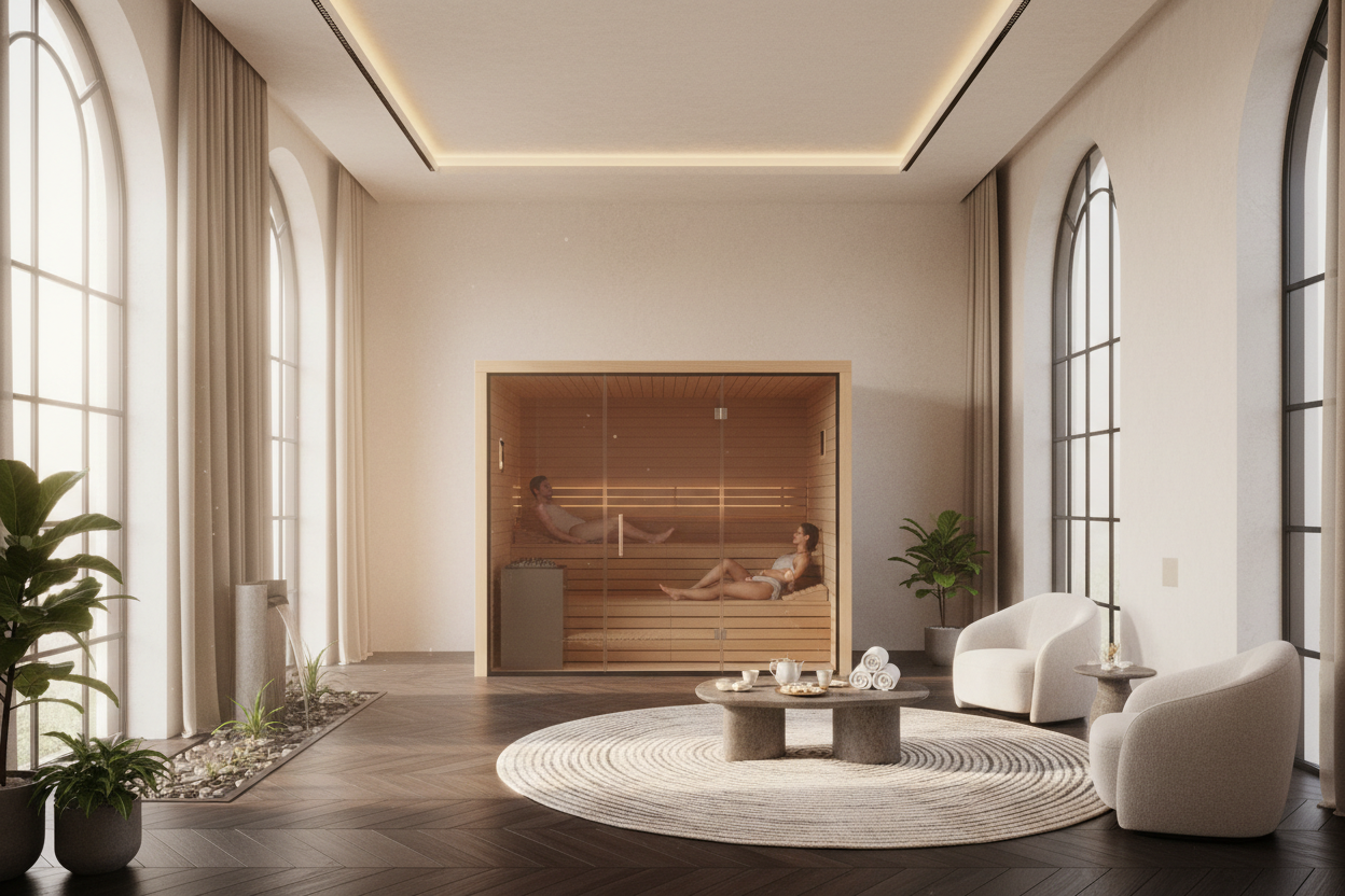 Generate a banner image suitable for a premium online store, but with natural lighting. Feature a photorealistic "Luxury" vibe of a modern architetural high end light and welcomign relaxing wellness room with a dark wood parwut flooring highe celiing and arched windows with balkcdetails and beige linens curtains and ccream walls and a sauna with a couple inside as the clear focus. The surrounding scene, mood, and setting should be designed entirely around the product — whether indoor or outdo
