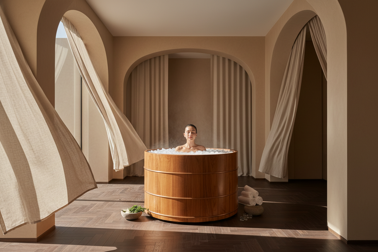 Generate a banner image suitable for a premium online store, but with natural lighting. Feature a photorealistic "Luxury" vibe of a modern architetural high end light and welcomign relaxing an outdoor wellness area with a dark wood parwut flooring highe celiing and arched cdetails and linens curtains and beige walls and an outdoor wooden ice plunge with ic einside  with a woman in it as the clear focus. The surrounding scene, mood, and setting should be designed entirely around the product 